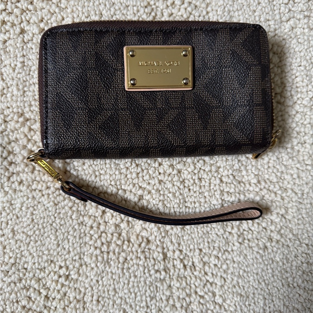 Michael Kors Brown Logo Zip-Around Wristlet with Gold Plate